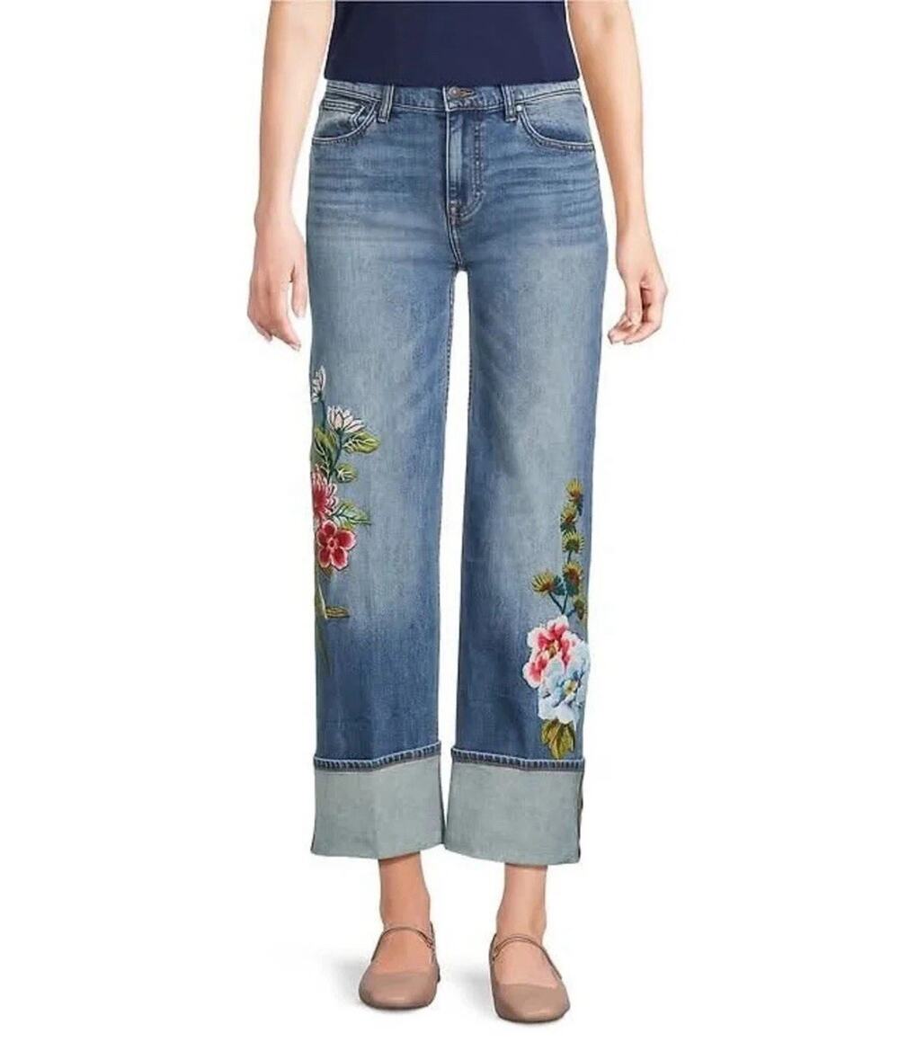 Johnny Was Ankle Wide Leg Cuffed Jeans Advestia Embroidery Flowers 28